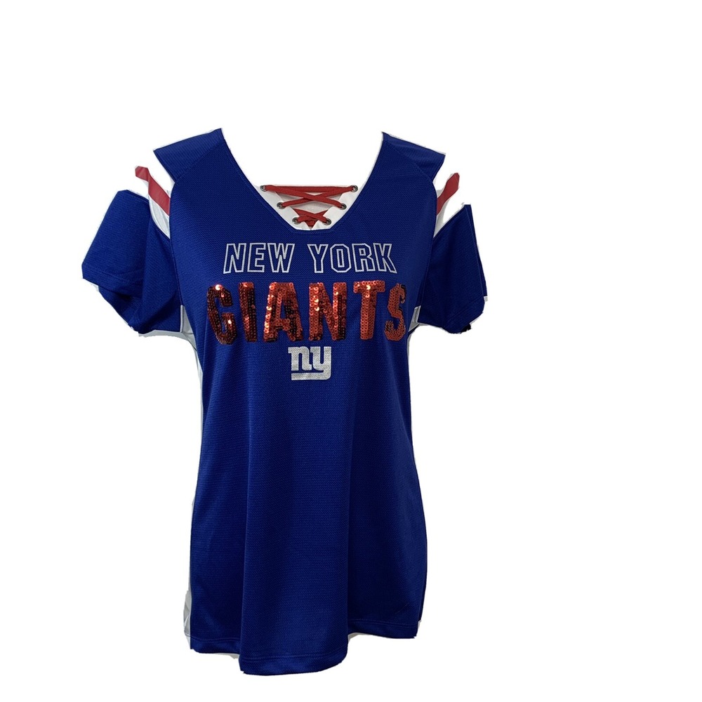 New York Giants Jersey Polo Large Woman Sequins Blue Red NFL Team Apparel V Neck - Picture 2 of 10